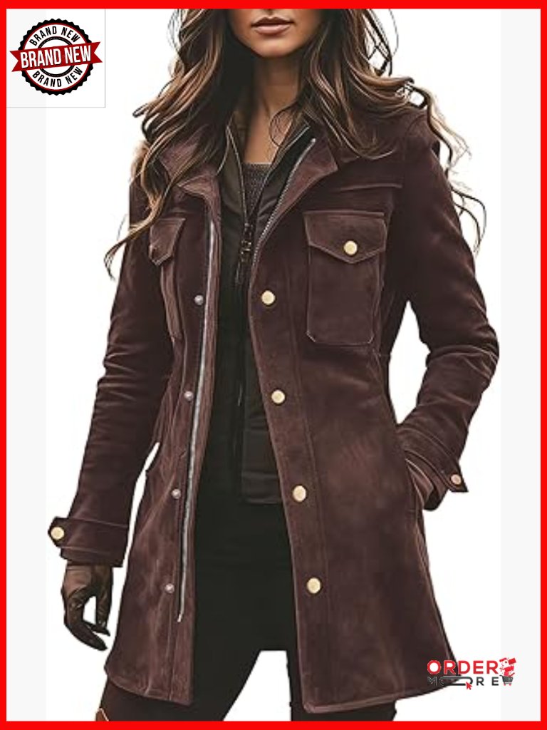 Women's Faux Suede Leather Jacket Zip Up Military Utility Safari Shacket Midi